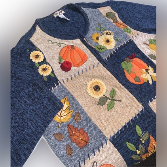 Vintage Fall Autumn Harvest Tiara Blue Patchwork Embroidered Knit Zip Sweater 1X - Picture 1 of 16